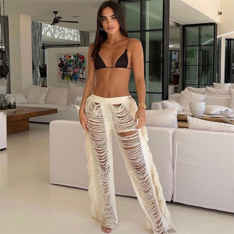 Women's Cutout Shredded Tassel Slim Fit Straight Casual Trousers