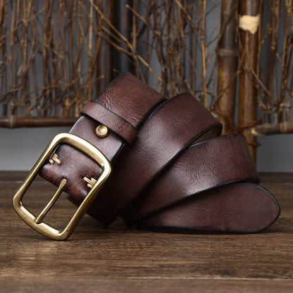 Men's Cowhide Vintage Distressed Pleated Brass Buckle Belt