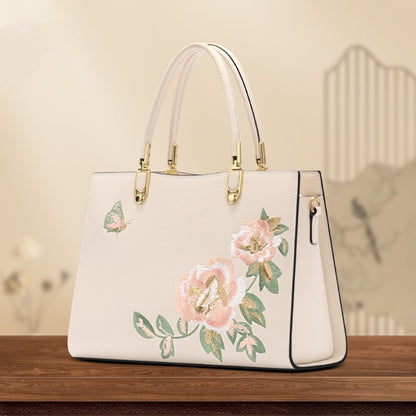 Chinese Peony Butterfly Leather Graceful And Fashionable Large Capacity Embroidery Texture Diana Bag