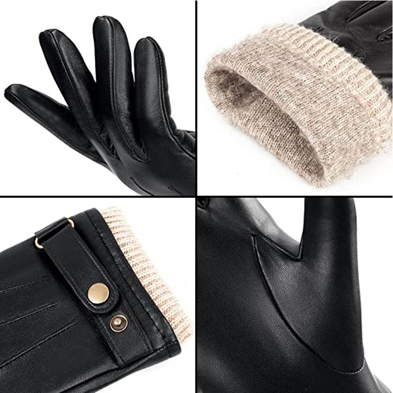 Men's Winter Plus Velvet Warm Gloves Genuine Leather Simple