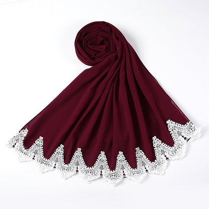 New Pearl Chiffon Scarf Malaysia Fashion Stitching Lace Scarf