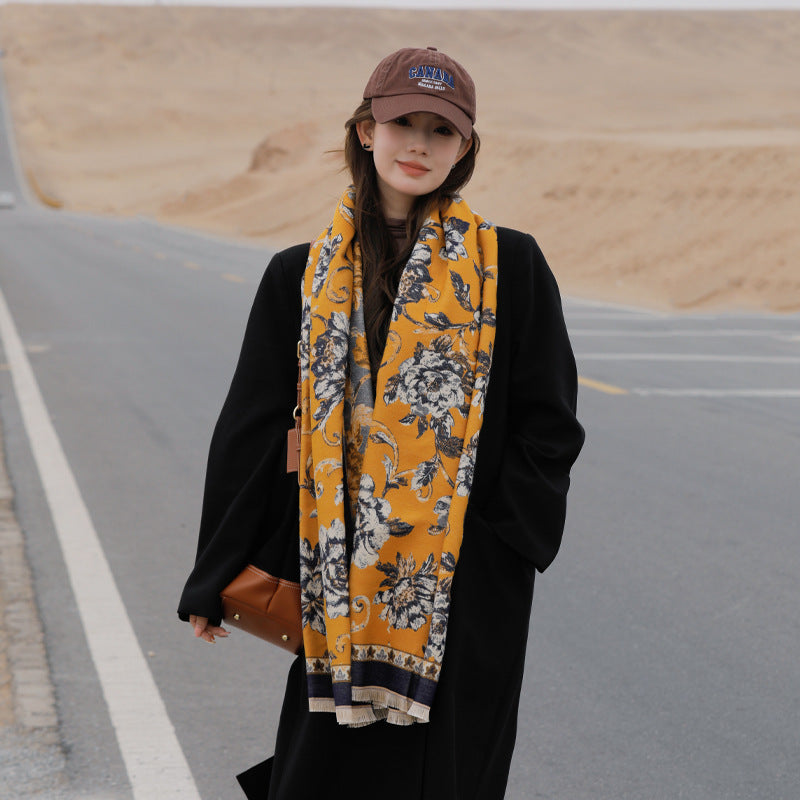 Retro Ethnic Style Peony Flower Cashmere Scarf