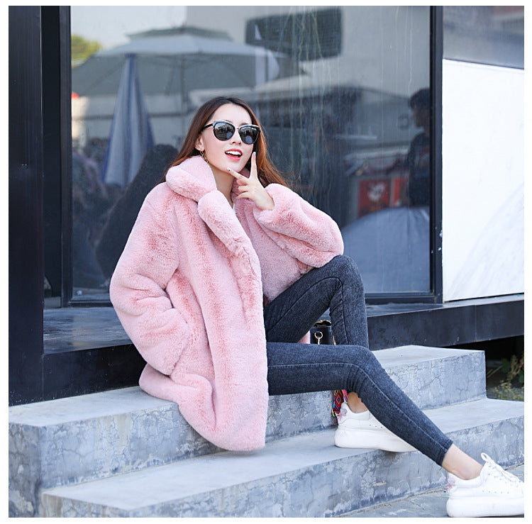 New Female Imitation Rabbit Fur Loose Lapel Coat