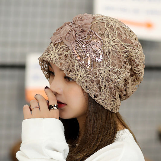 Polyester Lace Three Flowers Toque Sweet Temperament Sleeve Cap