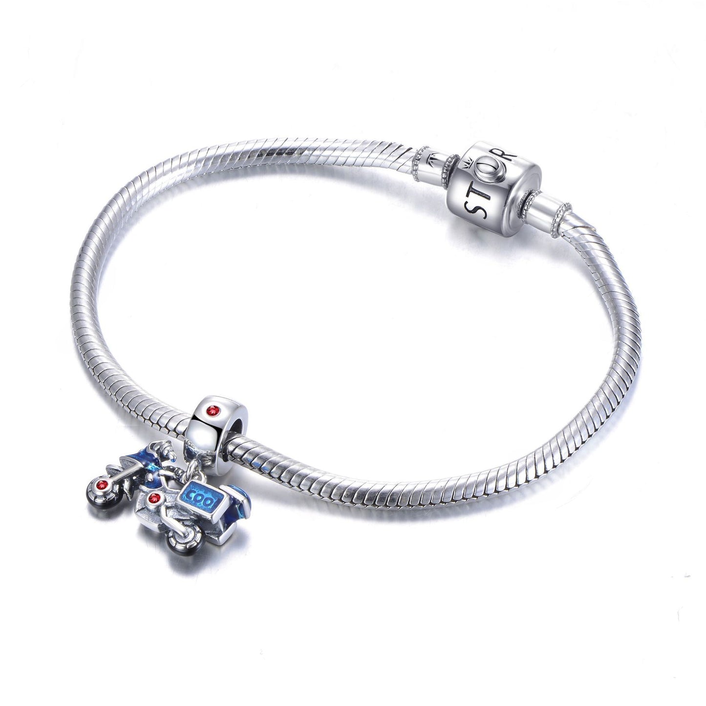 S925 Sterling Silver Ornament Trendy Cool Blue Motorcycle Pendant Handmade Bracelet Accessories