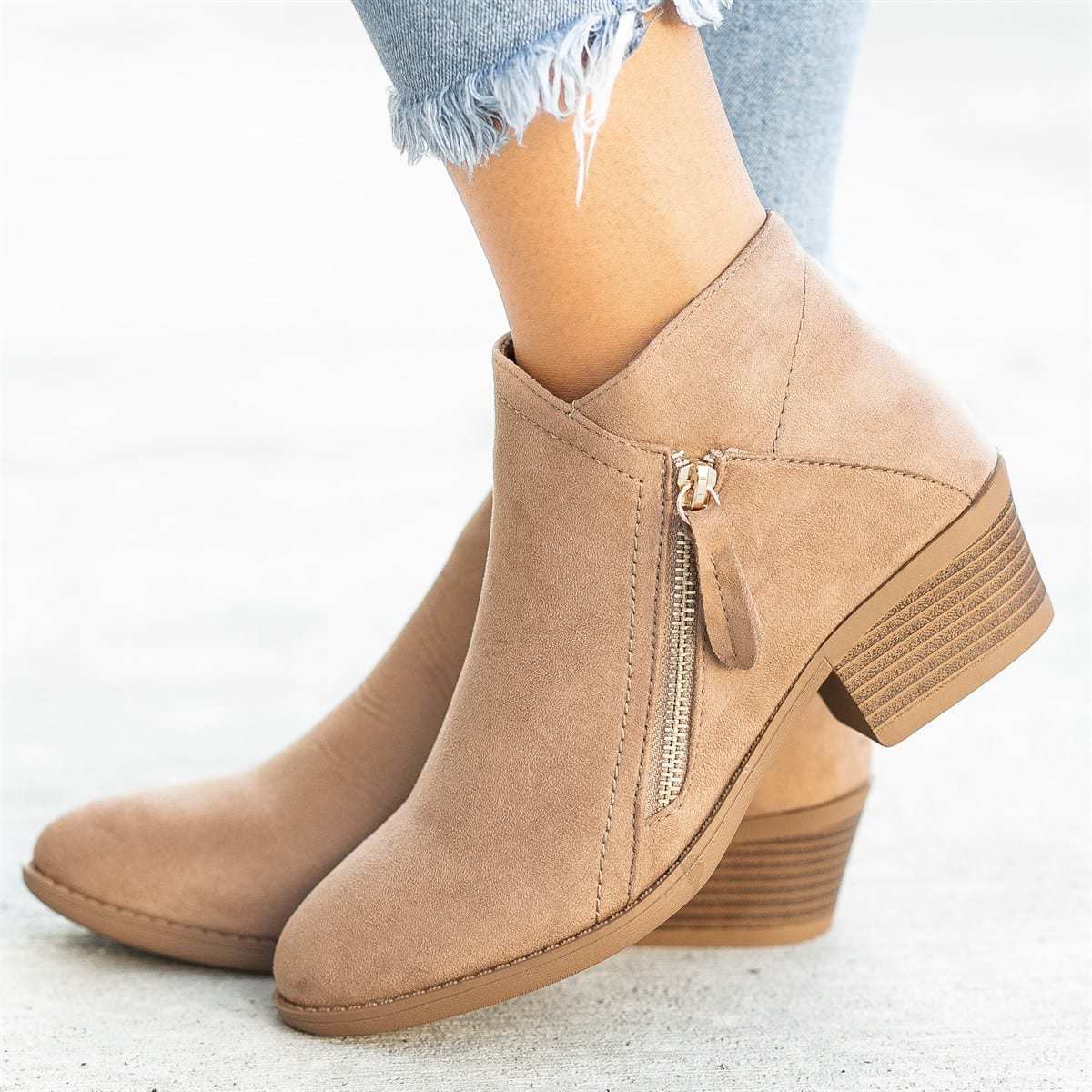 Ankle Boots For Women Low Heels Side Zipper Shoes