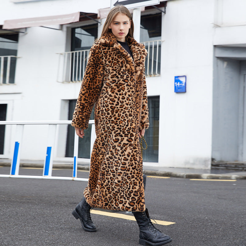 Faux Fur Leopard Print Rabbit Fur Super Long Suit Collar Fur Coat