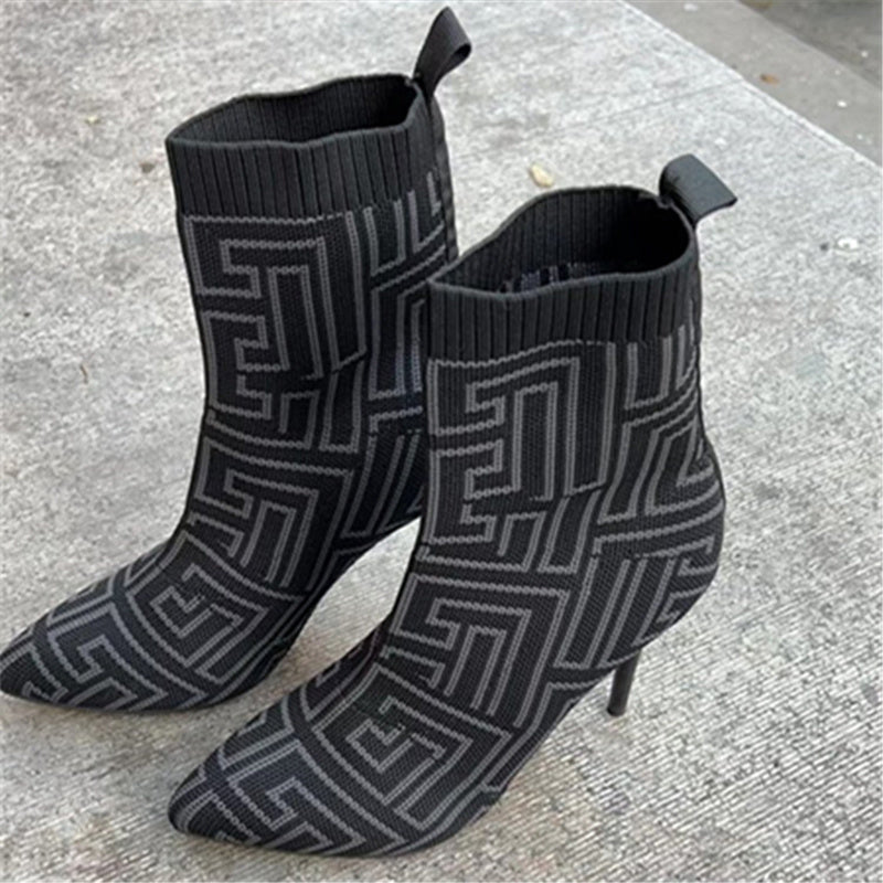 Fashion Ankle Boots Women Thigh High Heel Boots Pointed Toe Print Shoes