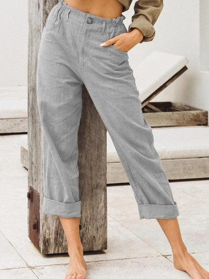 Patchwork Pant Women's Cotton Linen Pants Drawstring Back Elastic Waist Pants Loose Casual Trousers