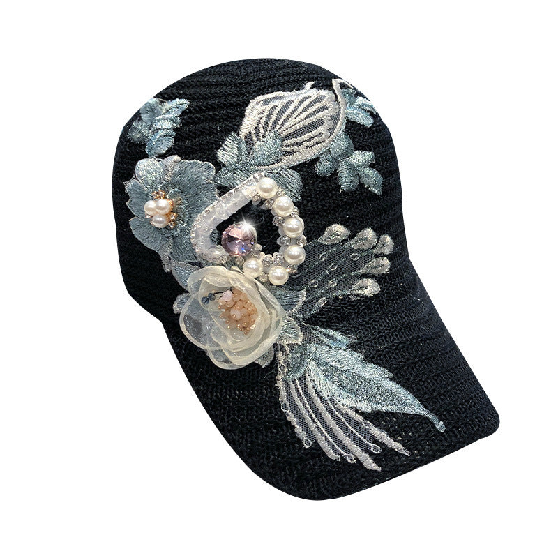 Knitted Flower Rhinestone Baseball Cap Women's Handmade Applique Sunshade