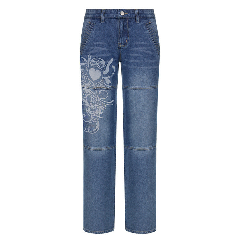 Loose Trousers Low-rise Pleated Heart-print Washed Jeans