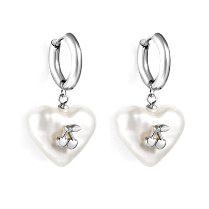 Versatile Personality Stainless Steel Circle Cherry Heart Pearl Earrings