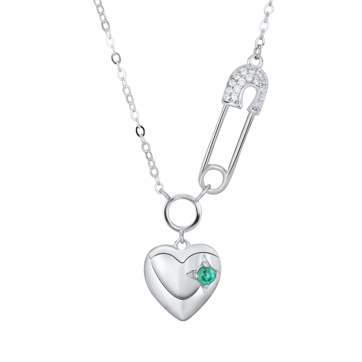 Cool Necklace Women's Fashion S925 Silver Emerald Heart Pendant Paper Clip