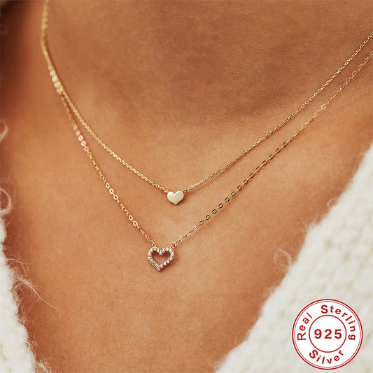 Sterling Silver Temperamental Twin Hollow Heart Shape With Diamond Double-layer Clavicle Necklace