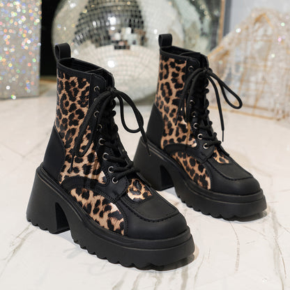 Leopard Print Chunky Heel Booties Female Lace-up Platform British