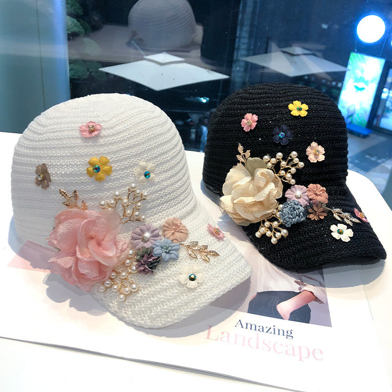 Knitted Flower Rhinestone Baseball Cap Women's Handmade Applique Sunshade