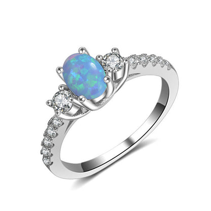 Silver S925 Color Diamond Opal Stone Three Diamond Ring