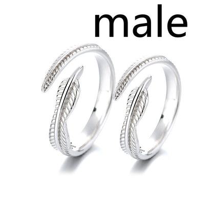 S925 Sterling Silver Feather Couple Ring Men And Women Pair Ring Opening Personality Fashion Jewelry