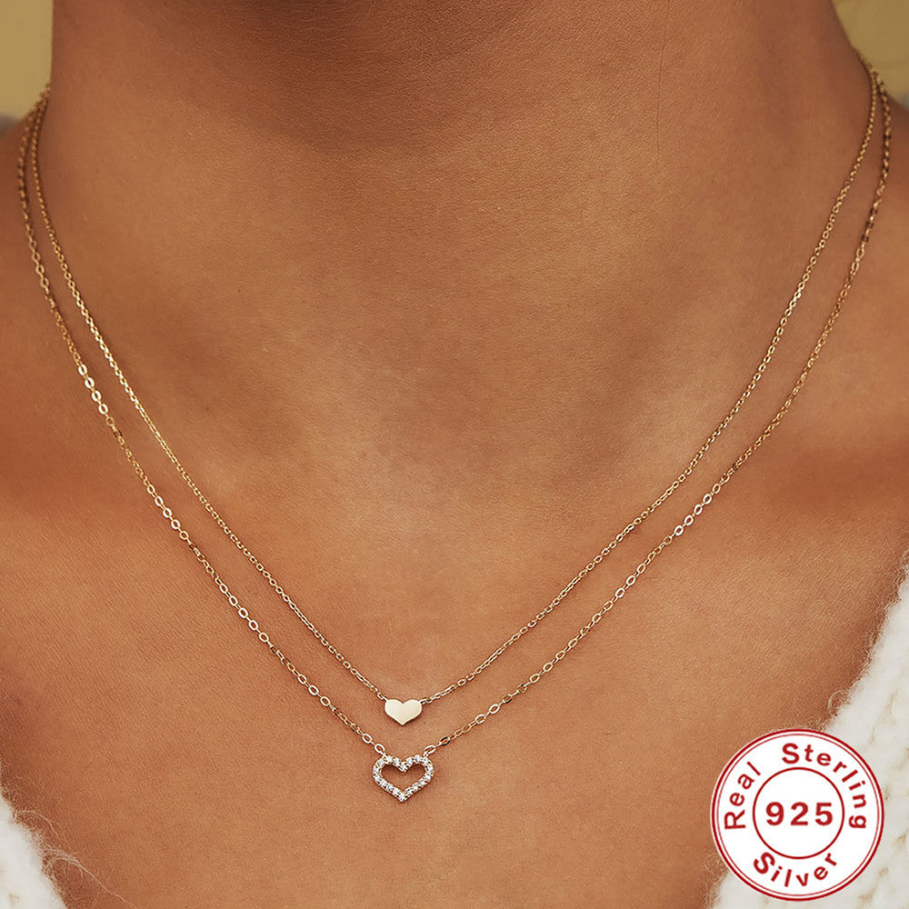 Sterling Silver Temperamental Twin Hollow Heart Shape With Diamond Double-layer Clavicle Necklace