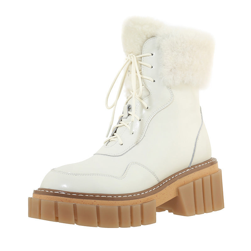 Women's Thick Sole Leather Wool Beige Snow Boots