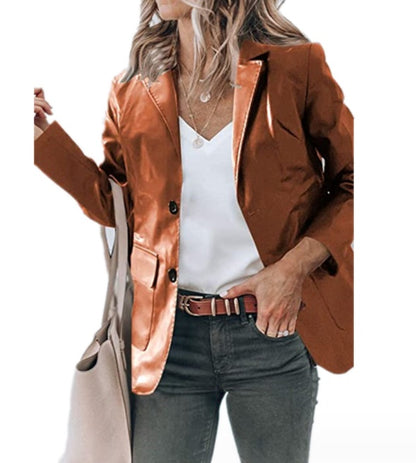 Lapel Single Breasted Solid Color PU Leather Women's Coat