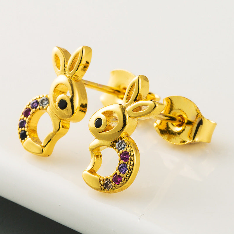 Copper Micro-inlaid Colorful Zircon Earrings Cute Jade Rabbit Personality All-match Earrings Earrings