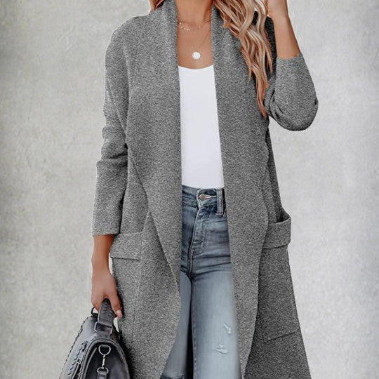 Solid Colour Long Cardigan Pocket Tweed Jacket