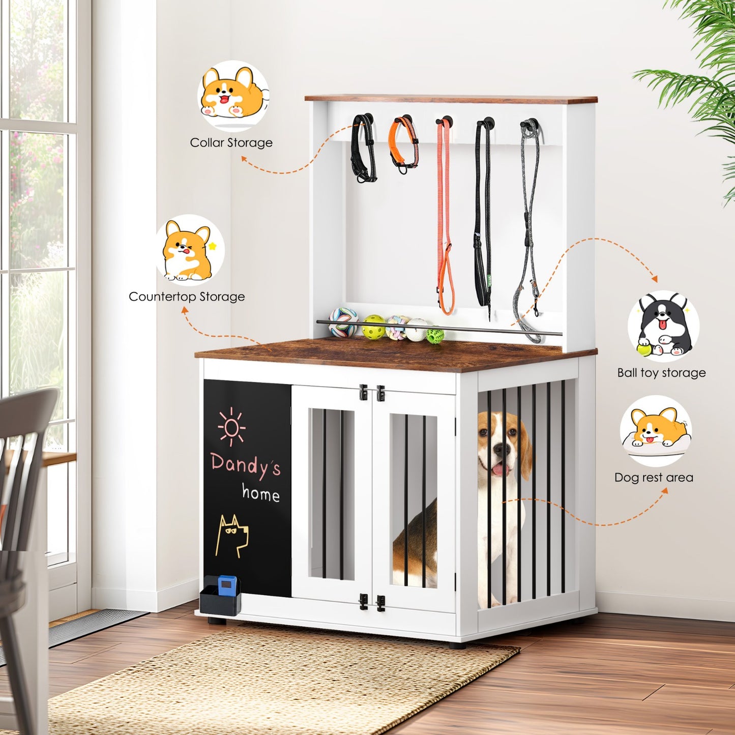 Dog crate,Graffiti dog cage, kennel with double doors, crate interior furniture, heavy wooden dog cage, large dog, white