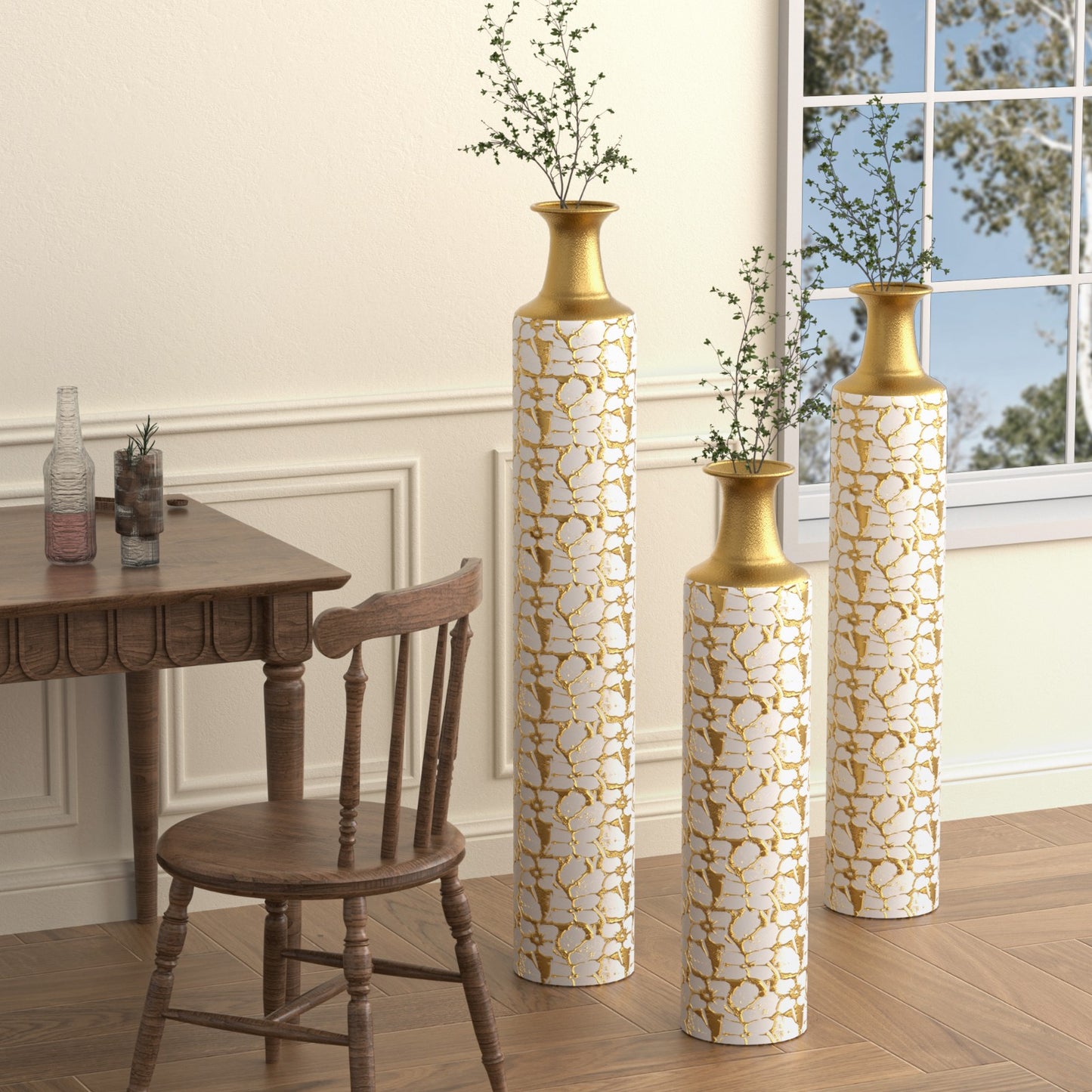 Floor standing golden large vase -32/28/24 inches decorative high vase set of 3 vintage antique worn-out vases