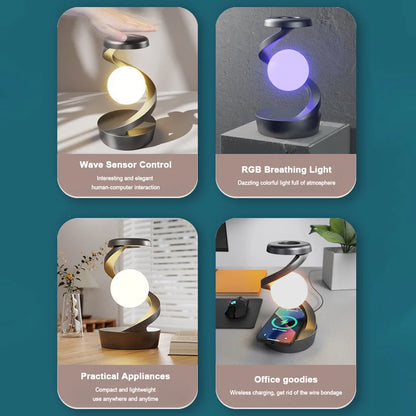 Floating and Spinning in Air with LED Moon Lamp RGB Floating Moon Table Lamp with Wireless Phone Charger for Office Bedroom Home