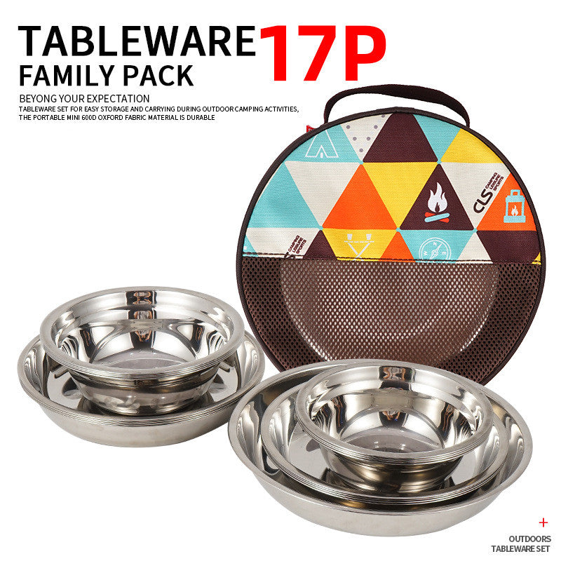 Stainless Steel Dinner Plate 17-piece Set Camping Barbecue Tableware Portable Plate Soup Bowl Dish Bowl Set